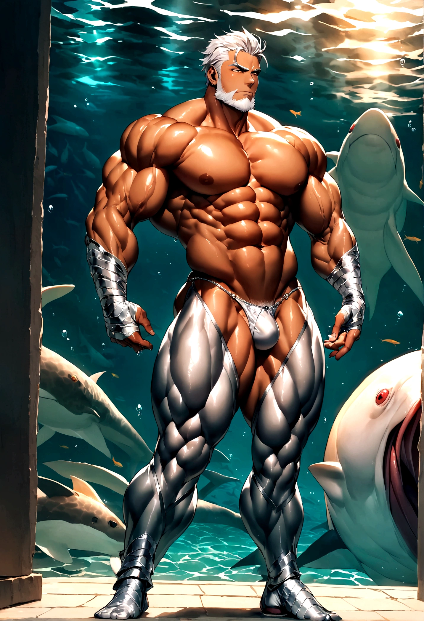 There is only one handsome Asian actor in the photo,35 years old,High target, Fitness,short hair, O-Shaped Beard,Perfect body, Dark skin color,Radiant Skin,Smooth skin,Shiny, shiny skin,Smooth pectoral muscles,No chest hair,No body hair,Muscle bulge, muscular, Very large pectoral muscles,Very sexy abdominal muscles,Very well-developed leg muscles,Huge concave and convex area,Brightens oily skin,Wearing a shiny silver leather thong,Handsome face,Wearing silver-gold leather socks,Correct and accurate male body proportions, standing under the sea。