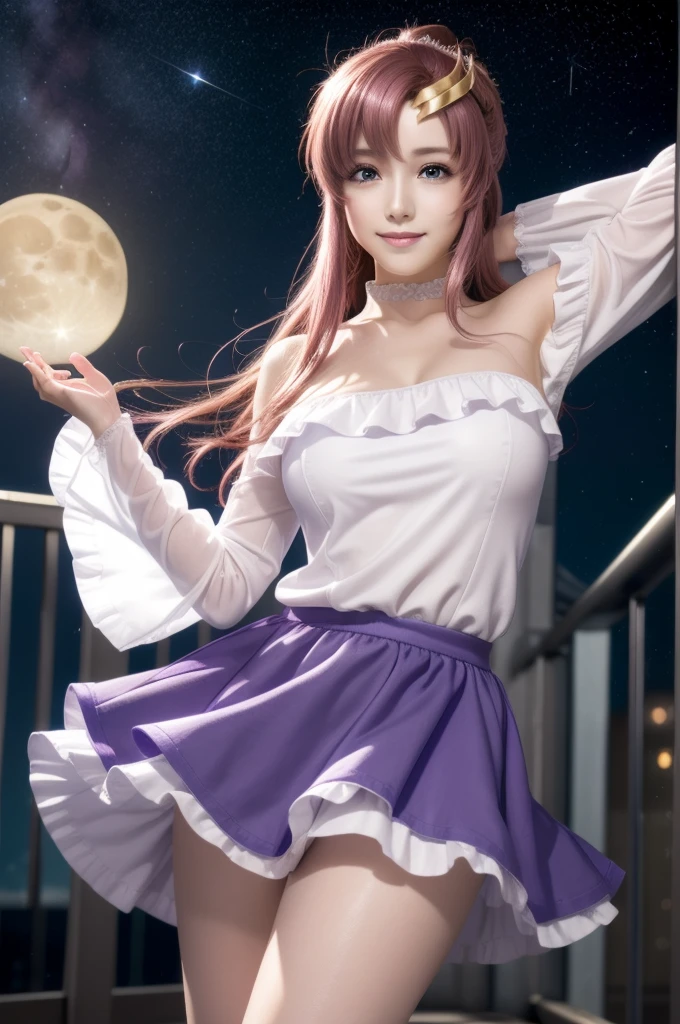 lacusclyne, lacus clyne, (purple eyes:1.1), hair ornament, long hair, wave hair ornament, pink hair, smile, open mouth,
BREAK dress, long dress, long sleeves, white sleeves, frills frilled skirt, frilled sleeves, detached sleeves, bare shoulders, purple skirt, purple frills,
BREAK 1girl, 20 years old, (Generous Breasts:1.2), Plump shape, 
BREAK looking at viewer, (cowboy shot:1.5),
BREAK outdoor, (((floating space, outer space, star, moon))), (Sparks dance the night sky:1.3), 
BREAK (Highest quality、4K、8K, 16K, masterpiece:1.3), Ultra detailed face, Detailed lips, Detailed eyes, double eyelid, BREAK, (Encouraging smile:1.3), (Seductive pose:1.5), (dynamic pose:1.3), dynamic angle, BREAK, 