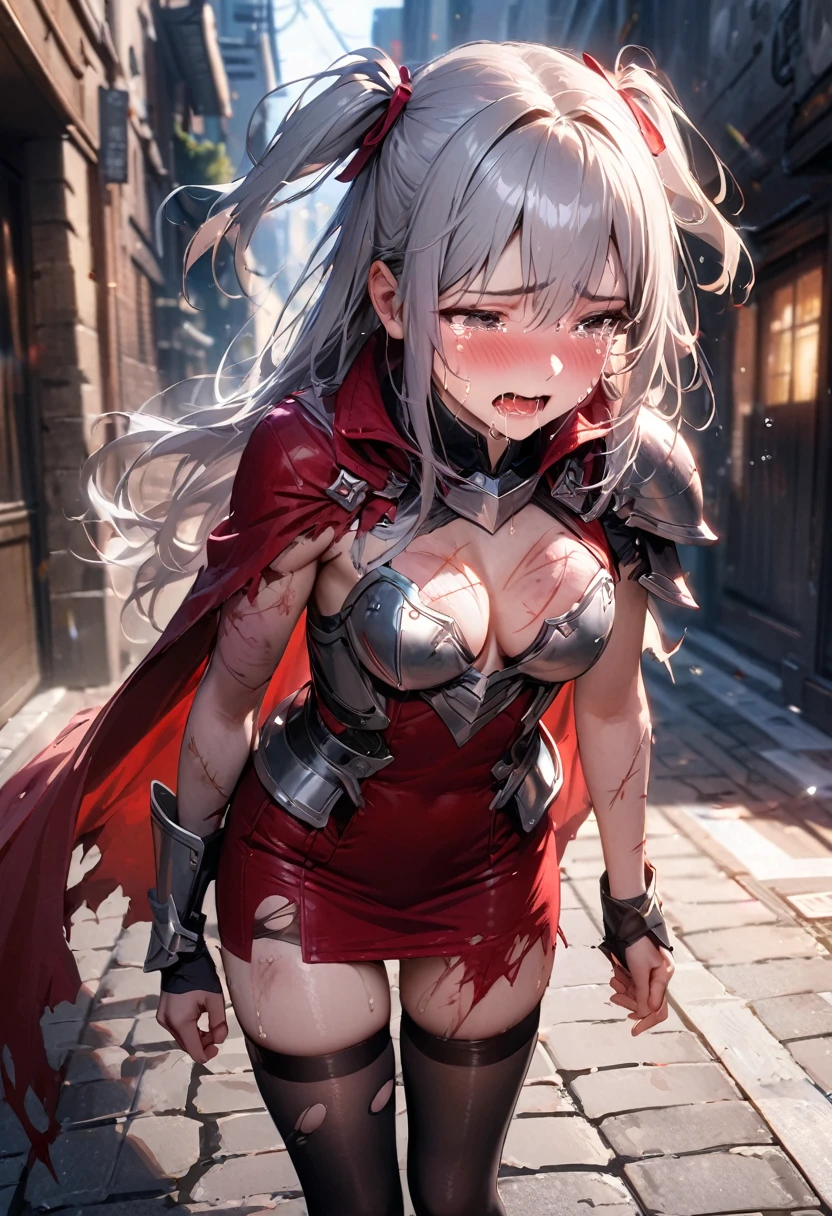 (best quality), (masterpiece, realistic), high res, all detailed, perfect anatomy, (two side up), long hair, silver hair, (red pencil Dress, single shoulders armor, single shoulders Cape, pencil miniskirt), medium cleavage, black thigh-highs, (injury skin, scar skin, bleeding skin, torn clothes:1.2), BREAK NSFW, solo, 1girl, (tears:1.18), sigh, blush, sweat, saliva trail, (outdoors, street, stone flooring), cinematic lighting, diffraction spikes, zettai ryouiki,