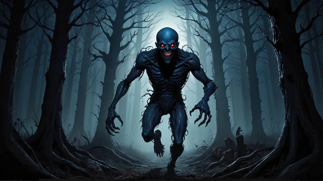 full body) (dark night blue ambience) a creepy looking creature in a forest, resident evil virus concept art, large eyes and menacing smile, hands are calling someone, jump scare, red giant, d&d art, evil standing smiling pose, tortured face made of wood, kerem beyit, stranger things vecna, the reaper as a scary, an eerie, two silhouettes of man are running in front