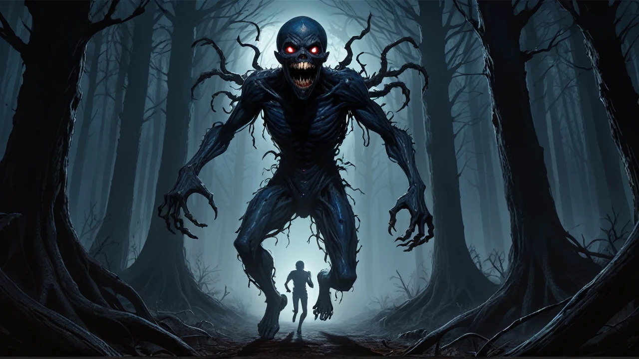 full body) (dark night blue ambience) a creepy looking creature in a forest, resident evil virus concept art, large eyes and menacing smile, hands are calling someone, jump scare, red giant, d&d art, evil standing smiling pose, tortured face made of wood, kerem beyit, stranger things vecna, the reaper as a scary, an eerie, two silhouettes of man are running in front