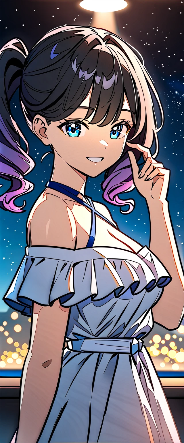 ((grin)), Eyeshadow, False eyelashes, ((off-shoulder dress:1.3, criss-cross halter)), ((white sundress)), ((cleavage)), ((high twin tails, medium hair, spiral curl hair, gradient hair, red and black hair, hair extensions, streak)), ((sunglasses, hand to sunglasses)), (((from side))), ((((upper body)))), bare legs, (()), (((a beautiful starry sky, the Milky Way shining beautifully in the night))), ((on the very high cliff)), wavy hair, inward curled hair, ((sea, nature)), breasts, teenager, (looking at viewer), puffy long sleeves, collarbone, head tilt:1.3, (((blue eyes))), happy smile, (((anime style))), (best quality, 4K, 8K, highres, masterpiece:1.2, ultra-detailed, ultra-detailed eyes, HDR, uhd, studio lighting, ultra-fine painting, sharp focus, physically-based rendering, extreme detail description, professional, vivid colors, bokeh)