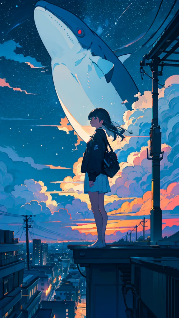 masterpiece, Exquisite detail,Highest quality, One girl, alone, handrail, cloud, Looking up at the buildings,Long Hair, NULL, Long sleeve, Power lines, White footwear, Black Hair, View your viewers, Electric pole, bangs, cloudy NULL, fish, bird, Green Eyes, Shorts, Day, Black Shirt, barefoot,Whale flying in the sky,Giant whale,night,Star,milky way,night,Pitch black,Buildings,standing and looking up at the sky,High quality anime art style,Standing painting,Splash ink background,Blue Themes,Clear Face,Distinct facial features,Fuji Mountain