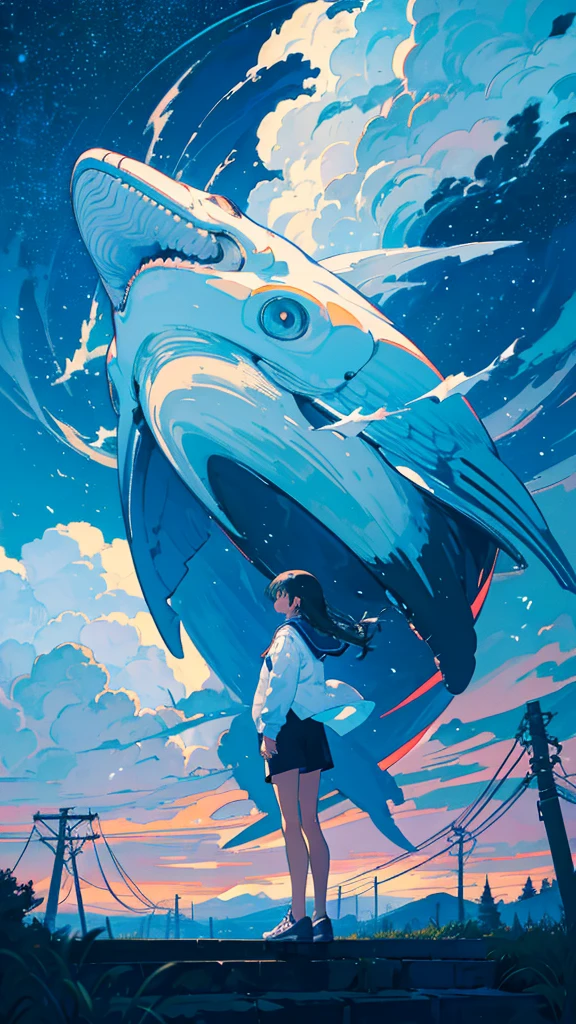 masterpiece, Exquisite detail,Highest quality, One girl, alone, handrail, cloud, Looking up at the buildings,Long Hair, NULL, Long sleeve, Power lines, White footwear, Black Hair, View your viewers, Electric pole, bangs, cloudy NULL, fish, bird, Green Eyes, Shorts, Day, Black Shirt, barefoot,Whale flying in the sky,Giant whale,night,Star,milky way,night,Pitch black,Buildings,standing and looking up at the sky,High quality anime art style,Standing painting,Splash ink background,Blue Themes,Clear Face,Distinct facial features,Fuji Mountain