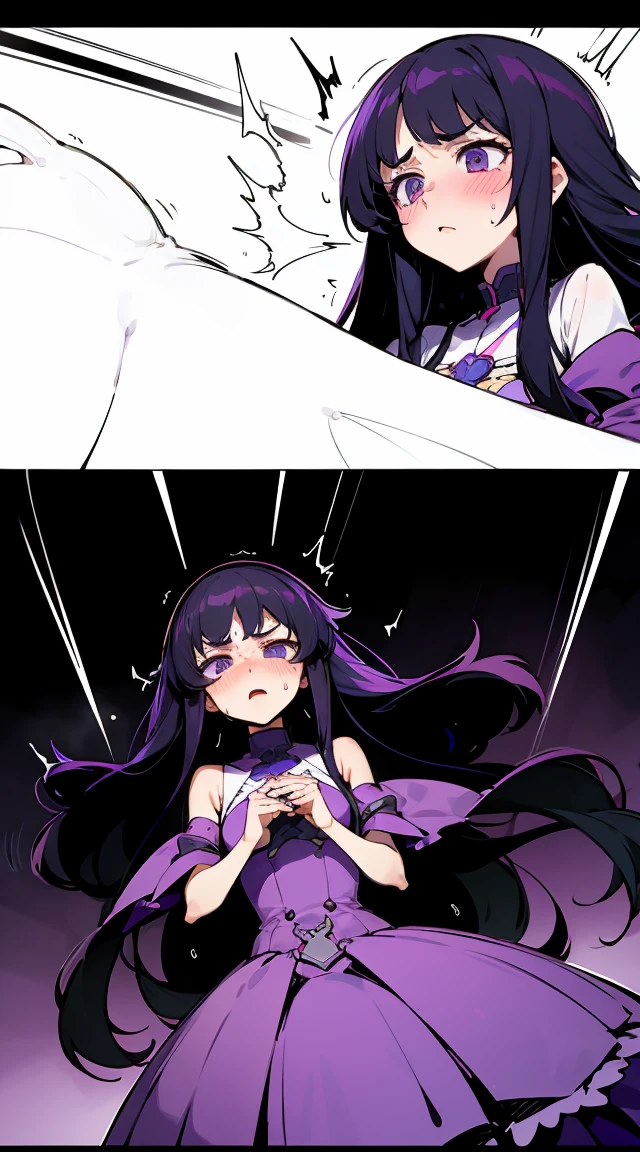 Flat Color++, , 1985s++,、anime,Long purple black hair、Dress like an idol、huge 、shy、Displeased、Covered in semen、She lost the battle、She was pushed down、Kamimei、blush、I'm cumming、Open legs、Pleasure in Autumn、A large amount of semen comes out of her genitals、、Girl trembling with sexual climax、Covered in semen、Gang rape,Two boys、Spray semen on the body、
