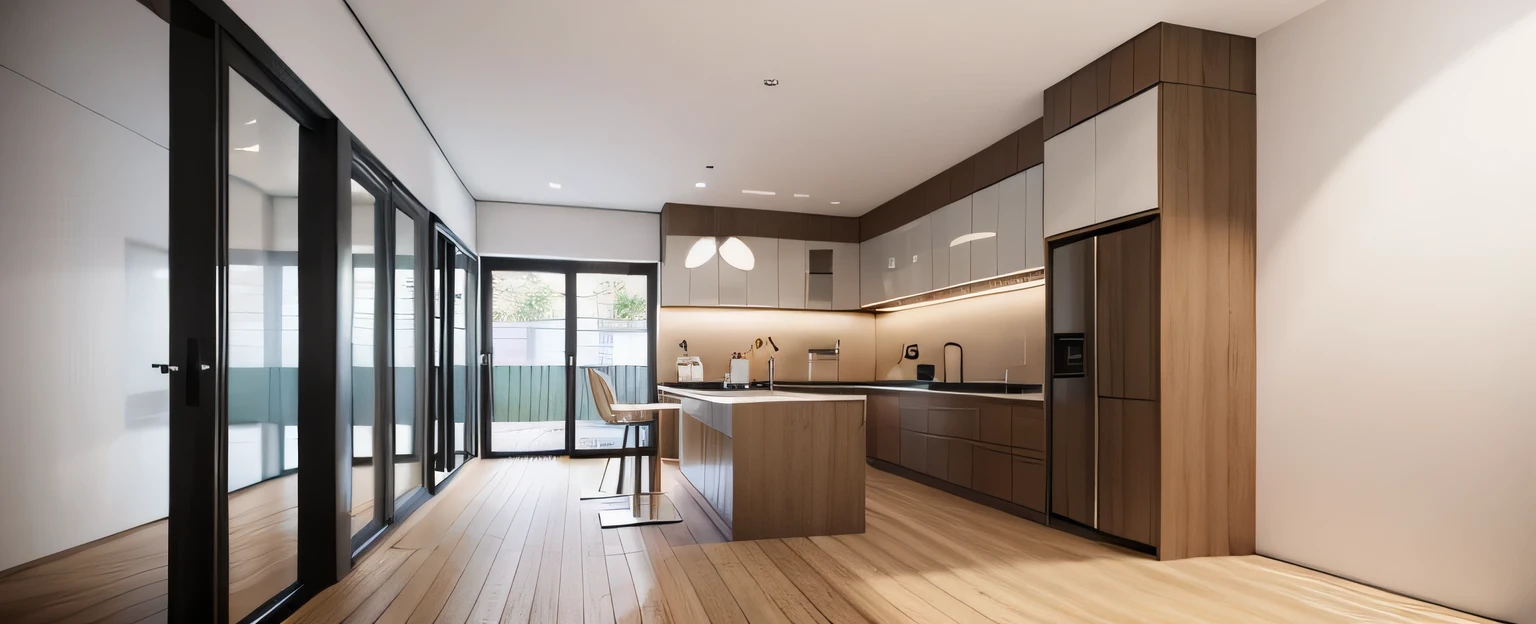 morden kitchen design,Super sharp like photos taken with a professional camera, (Masterpiece,best quality,8k uhd,dslr,soft lighting,high quality,hyper detail,film grain,Fujifilm XT3, UE 5 render 8k, super high resolution, supper detail:1.2), color block wall decor, Cream color block wall decor, (((volumetric light))), bright color tone, glossy floor,oak wood,led light,wood floor