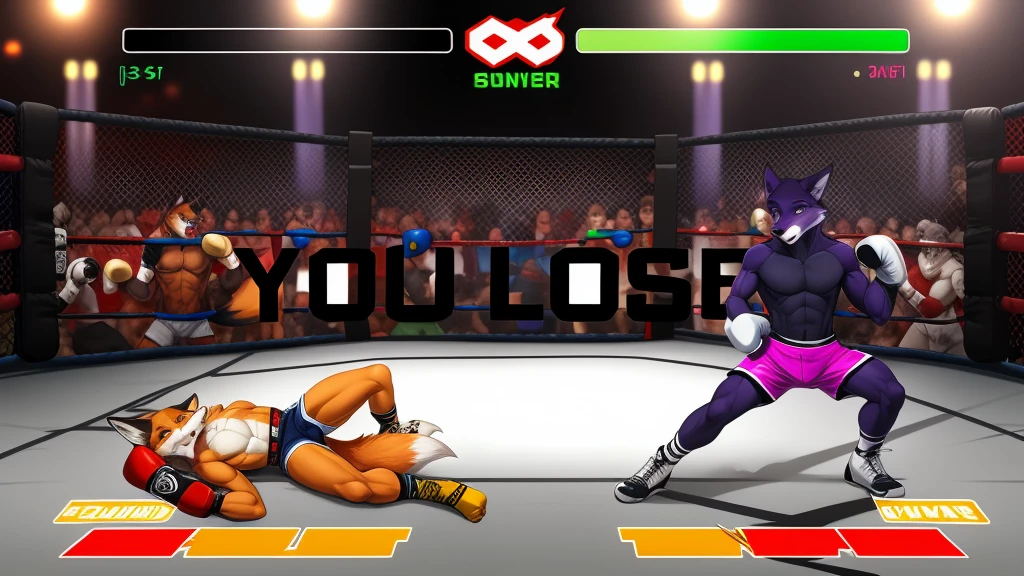a detailed picture of a boxing match (male anthros, two boy), slim body, slim features, in a boxing ring, Ross Tran, ruan jia, trending on artstation, foxovh,User Interface of Fighting game, Crisis, assorted poses, assorted expression, full body, sound effects, motion blur, from side, ((fox, blue shorts, knocked out on the floor)), (((purple wolf, white shorts, boxing pose))) “VS”