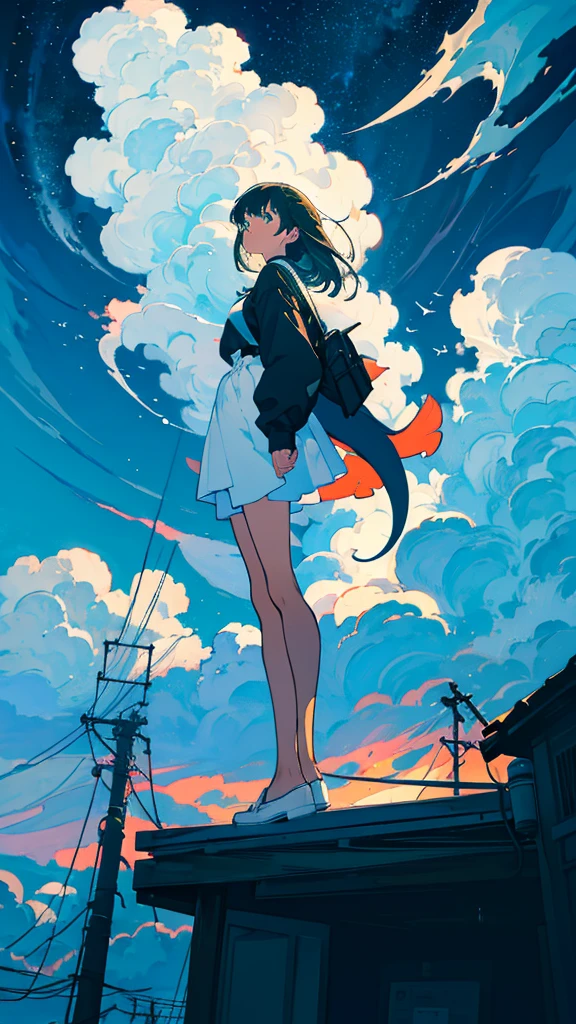 masterpiece, Exquisite detail,Highest quality, One girl, alone, handrail, cloud, Looking up at the buildings,Long Hair, NULL, Long sleeve, Power lines, White footwear, Black Hair, View your viewers, Electric pole, bangs, cloudy NULL, fish, bird, Green Eyes, Shorts, Day, Black Shirt, barefoot,Whale flying in the sky,Giant whale,night,Star,milky way,night,Pitch black,Buildings,standing and looking up at the sky,High quality anime art style，Standing painting，Splash ink background，Blue Themes,Clear Face,Distinct facial features,Fuji Mountain