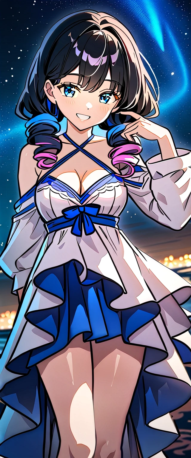 ((grin)), Eyeshadow, False eyelashes, ((off-shoulder dress:1.3, criss-cross halter)), ((white sundress)), ((cleavage)), ((high twin tails, medium hair, spiral curl hair, gradient hair, red and black hair, hair extensions, streak)), ((sunglasses, hand to sunglasses)), ((())), ((((upper body)))), bare legs, (()), (((a beautiful starry sky, the Milky Way shining beautifully in the night))), ((on the very high cliff)), wavy hair, inward curled hair, ((sea, nature)), breasts, teenager, (looking at viewer), puffy long sleeves, collarbone, head tilt:1.3, (((blue eyes))), happy smile, (((anime style))), (best quality, 4K, 8K, highres, masterpiece:1.2, ultra-detailed, ultra-detailed eyes, HDR, uhd, studio lighting, ultra-fine painting, sharp focus, physically-based rendering, extreme detail description, professional, vivid colors, bokeh)