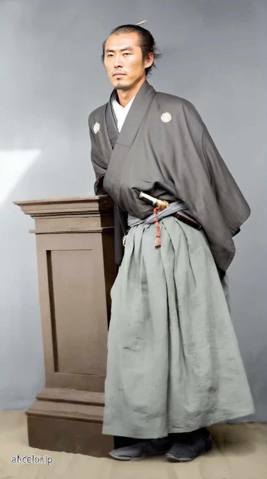 High-resolution, robust Japanese samurai, wearing a black kimono on top and white hakama on the bottom, with a chonmage hairstyle, in 4K, background featuring an old Japanese building and sand dust.