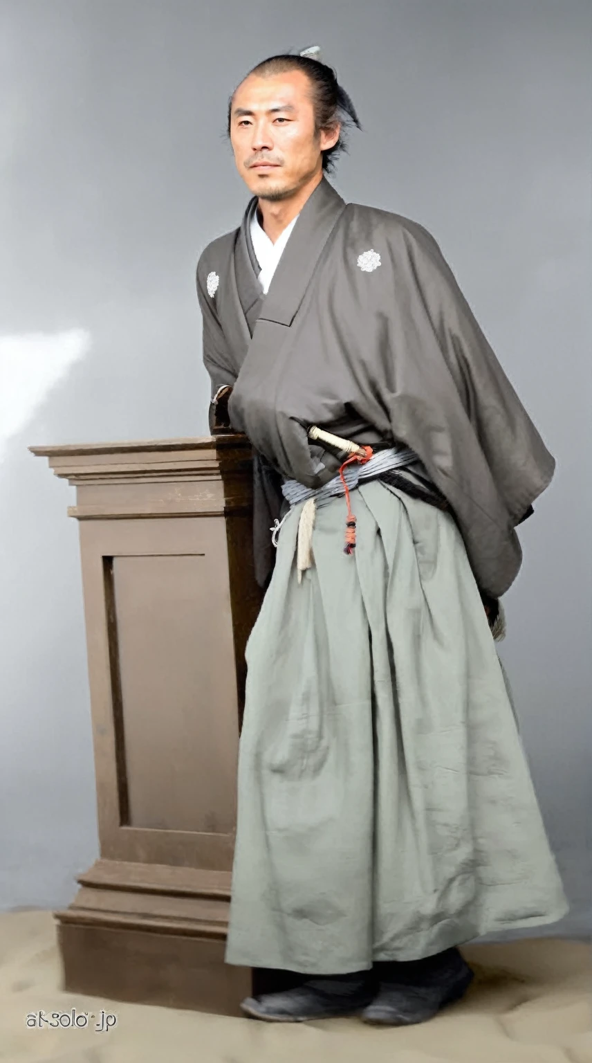 High-resolution, robust Japanese samurai, wearing a black kimono on top and white hakama on the bottom, with a chonmage hairstyle, in 4K, background featuring an old Japanese building and sand dust.