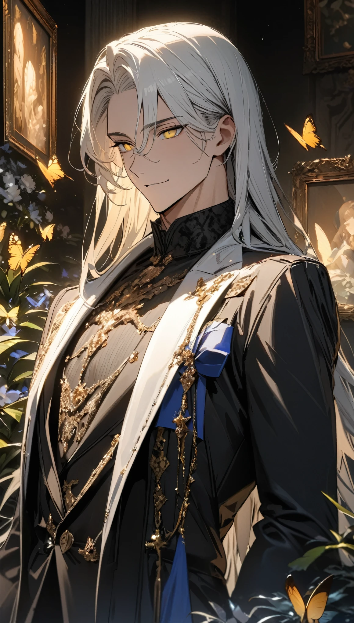 (masterpiece:1.5)，best quality，(1 Handsome man)，alone，white long length hair，(yellow eyes), (A soft smile)，elegant，perfect face，Long black trench coat，white and blue cloth，white leather gloves，white lining，Slightly muscular body，High，8K，Beautiful contrast of light and shadow，Dark luxury background，(complete upper body)，Positive face，luxury screen，(Luxurious castle hall)，Living room，book，plant，((many butterflies))，Museum，many flowers，(cross jewelry)