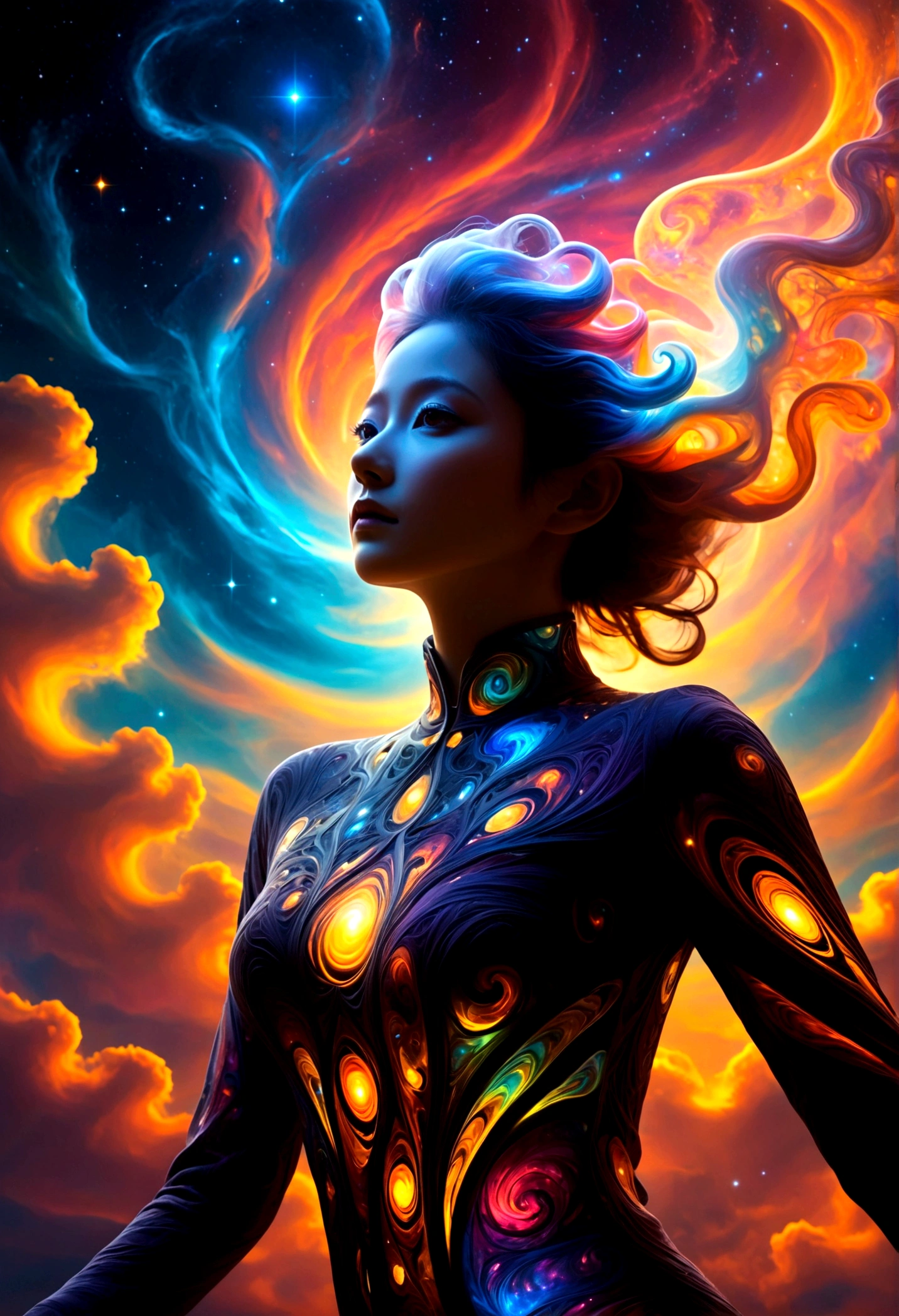 The spectacular scene:A figure emerged from the glowing clouds., Fractal nebula line, universe entities, Heavenly, universe, Lively, swirl, Rotation, unrealistic, High contrast, Symbolism, magic, mystery, mind bending, Surrealism, over-saturated, Colorfully