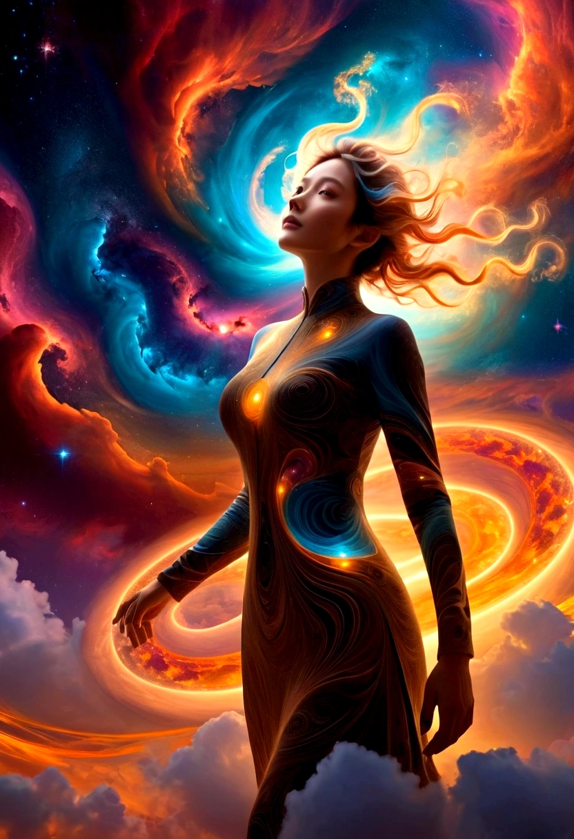 The spectacular scene：A figure emerged from the glowing clouds., Fractal nebula line, universe entities, Heavenly, universe, Lively, swirl, Rotation, unrealistic, High contrast, Symbolism, magic, mystery, mind bending, Surrealism, over-saturated, Colorfully