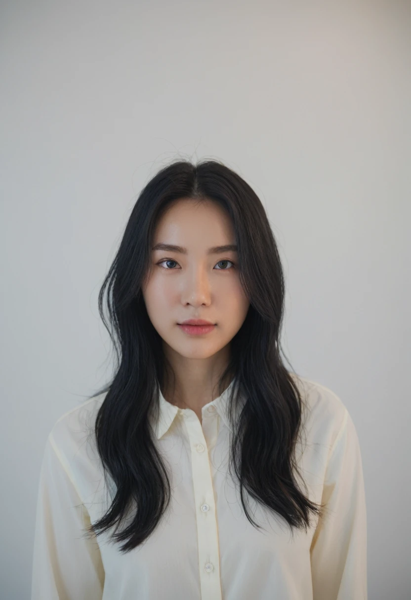 Best Quality, 8k, Masterpiece, (Portrait: 1.3), (photo realistic:1.4), (hyper realistic:1.4), Sharp Focus, looking at viewer, (smoother lighting:1.1), (increase cinematic lighting quality:0.9), realistic lighting, backlighting, light on face, ray trace, (brightening light:1.2), (Increase quality:1.4), sharp detail, (best quality real texture skin:1.4), finely detailed eyes, black_eyes, finely detailed face, 25 year old Korean woman, (white formal_shirt:1.4), (Create an image maintaining the original base model hairstyle:1.5)