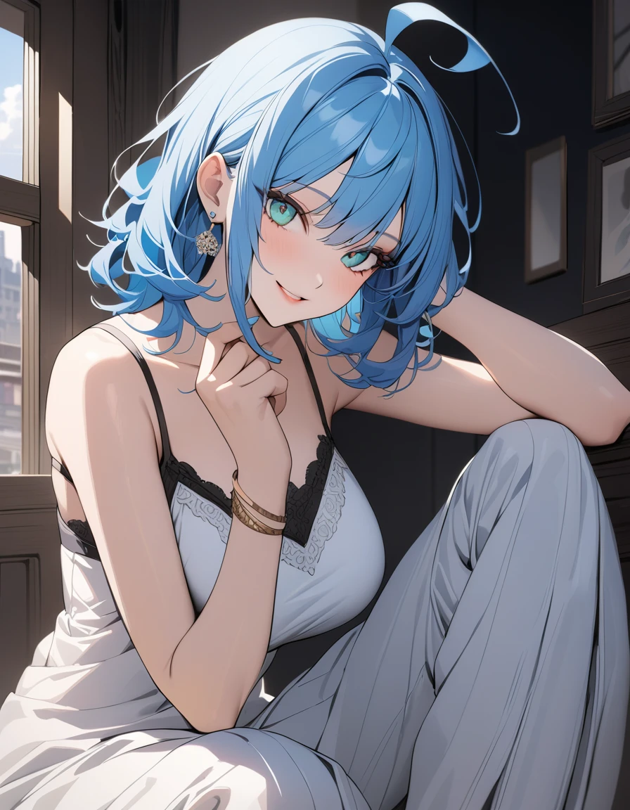 (Highest quality:1.2, three-dimensional, High Detail, masterpiece:1.2, Best aesthetics), (1 girl), Beautiful woman, Beautiful detailed eyes, Beautiful detailed lips, Highly detailed face, Delicate depiction of hair and eyes, Detailed Fashion, (detailed background:1.2) ((Portraiture, Cowboy Shot)), Aqua Eye, huge ahoge, Mouth open, Earrings, View your viewers, big breasts, upper body, full body from knees to head, gaze away, gaze into the distance, smile lightly, fancy nails, in Sibuya city, bracelet, medium hair, color inner hair, blue hair, tight camisole, wide pants