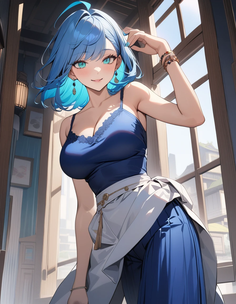 (Medieval Europe:1.2),(best quality,high resolution,masterpiece:1.2),(Stills),(Sunny atmosphere:1.3),Front view,(1 beautiful woman),(A 23-year-old female),(Depth of Field),(Outdoor during the day,:1.2)，Blue Hair，Yellow eyes，short hair，posture，Open mouth smile