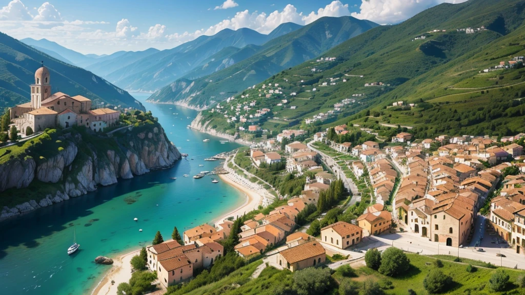 Beautiful scenery of ancient Italian village. Aerial view. Photorealistic photos, High definition. 8K