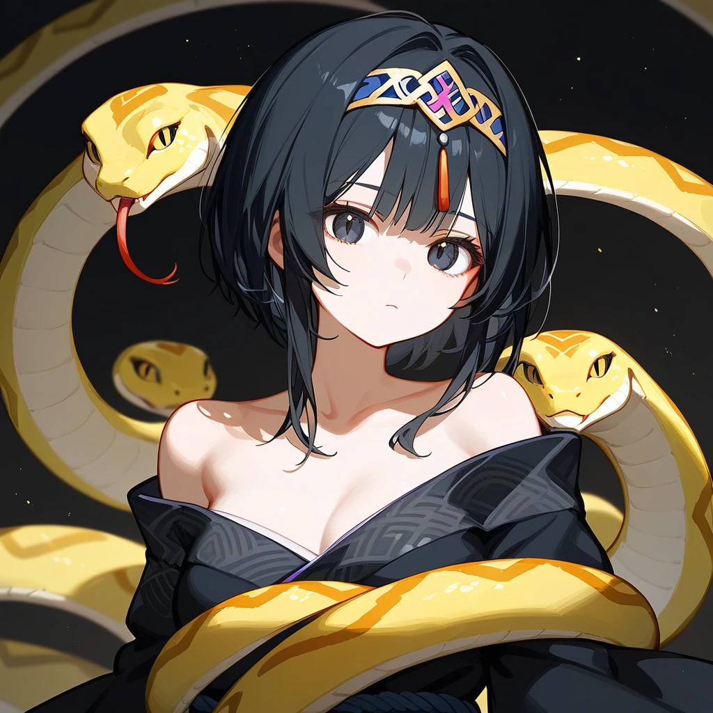 ,1 Girl,Girl wrapped around a snake,Black Hair、Iris,,Off-the-shoulder kimono,beautiful_face,Snake Maiden、Expressionless、Black snake motif、turn around、Black ribbon around neck、Kimono with snake scale pattern、With the snake、Solo Illustration、short hair、Make a fox with one hand、🤘、Black kimono