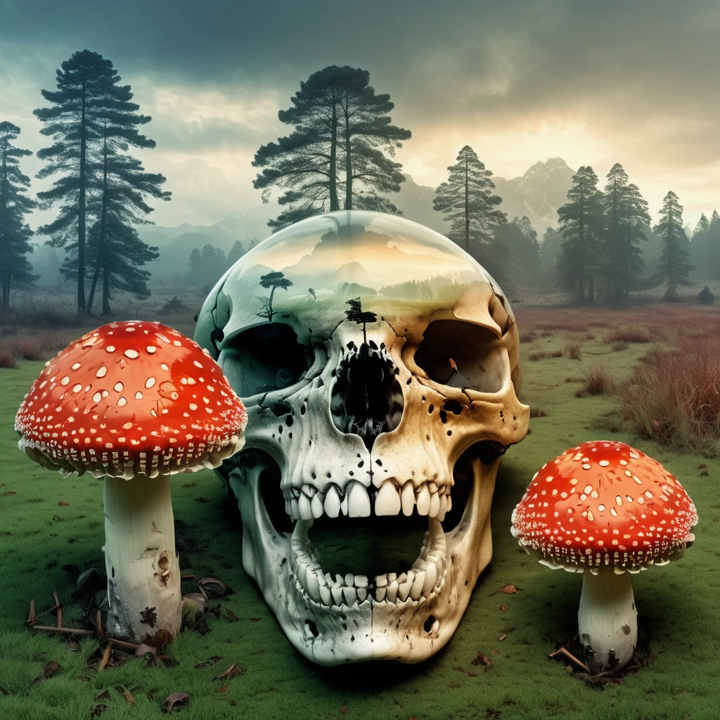 (double exposure:1.3) effect of a lion skull and fly agaric mushrooms, superimposed on a tranquil landscape, ultra detailed