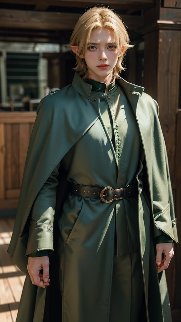 masterpiece, best quality, 1man, adult, male focus, solo, medium blonde hair, vibrant green eyes, looking at viewer, cape, High quality metal texture, overcoat, closed mouth, bangs, high collar,(kbxll:0.6), Fantasy aesthetics, Highly detailed, shadowverse style, executor outfit, elf ear, fix hands
