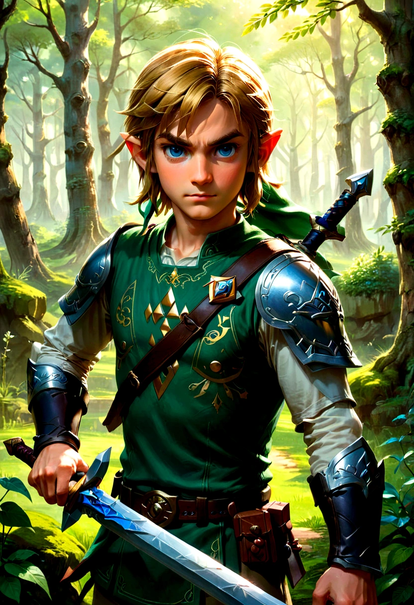 1boy, Link, The Legend of Zelda, Generate a high-fidelity, detail-oriented closeup of Link from the Legend of Zelda holding a sword and shield. The setting is a forest background, with elements such as trees and shrubs subtly included in the background. The image should mimic the texture and depth of an oil painting, expressing the character's confident nature yet also its beauty in a poignant and compelling way, influenced by the art of Lou Xaz, masterpiece, best quality, very aesthetic, absurdres