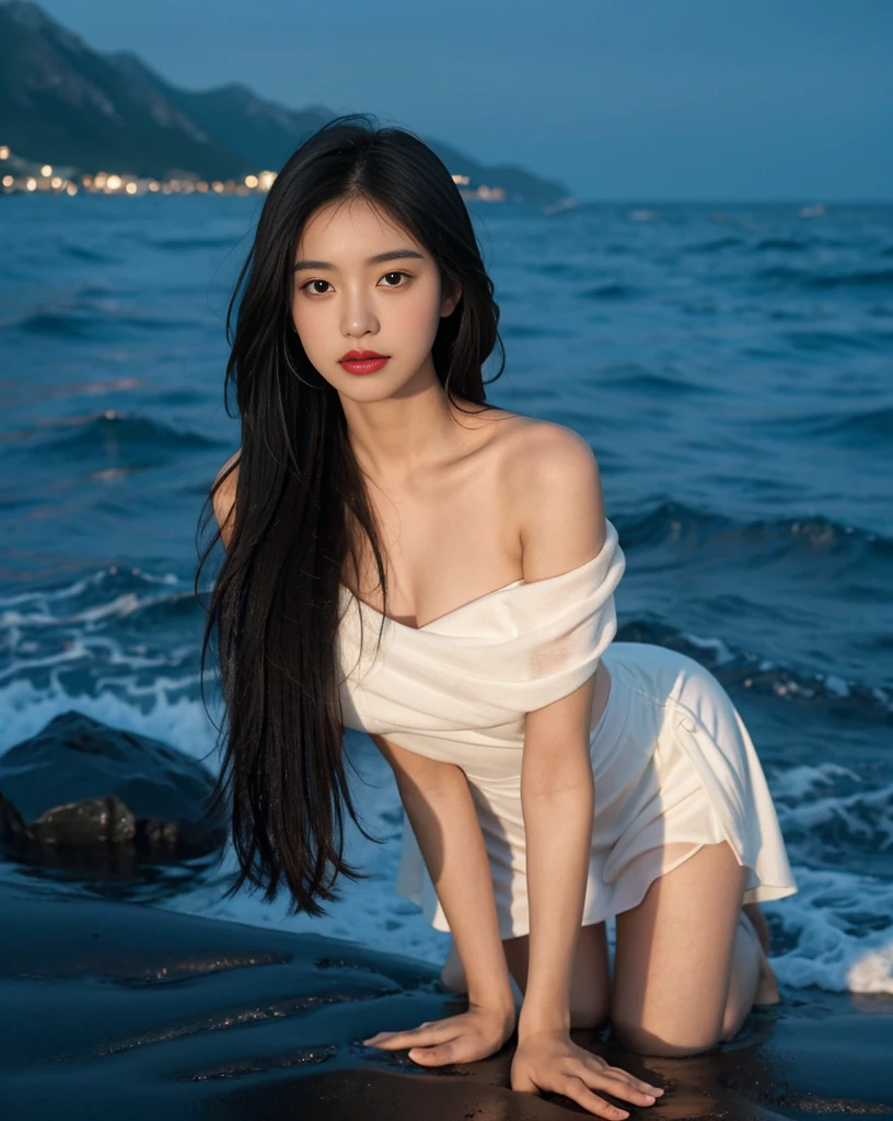 towards the camera,put a face to the viewer,stand on all fours,High image quality,works of masters,daughter,black hair,long hair shawl,long hair flowing over shoulders,cropped shoulder,clavicle,exquisite face,moist red lips,white dress,clavicle,towards the camera,Single photo,hosiery,sad expression,bust,real person,(ocean,sandy beach),CG rendering,16,000,lying in bed,Put your hands behind your head.,look into the camera,The night scenery was beautiful, farewell,hyper hd,The details were perfect,the picture is real,Extreme picture quality,Highest accuracy,8K 해상도,shade of darkness,8K, yes ,Ultra HD,8K
