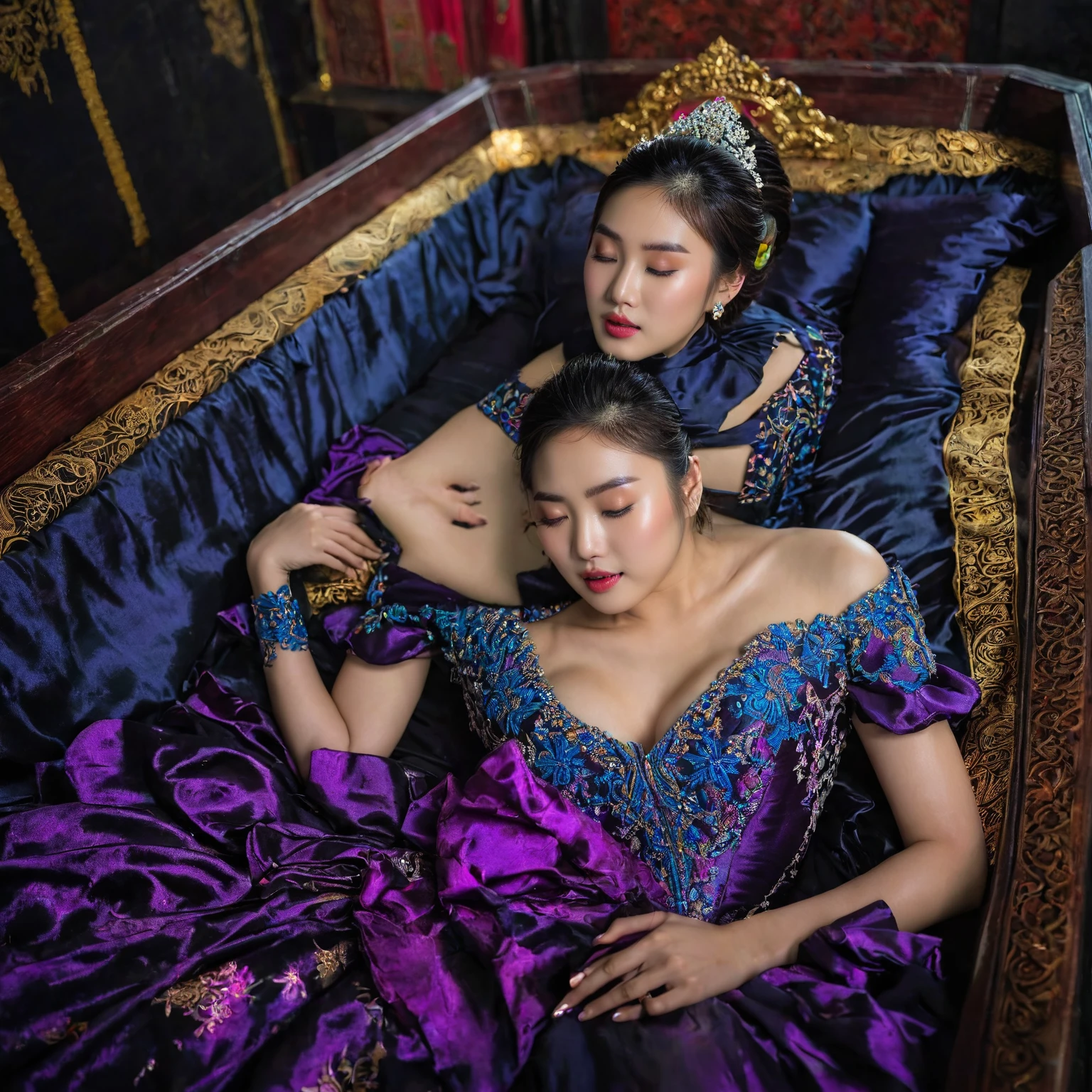 In a striking 8K HDR scene, a stunning Korean woman, 22 years old, lies peacefully in a black coffin surrounded by plush pillows. The deep box is set against a rich black background, accentuating the beauty of the subject. Her exquisite kebaya attire is embroidered with superb detail, showcasing her round and firm breasts, perfect cleavage, and beautiful eyebrows. Her closed eyes and mouth give an air of serenity, while her visible and absolute cleavage leave nothing to imagination. The scene is bathed in saturated colors, highlighting every intricate aspect from the ball skirt to her clean face.