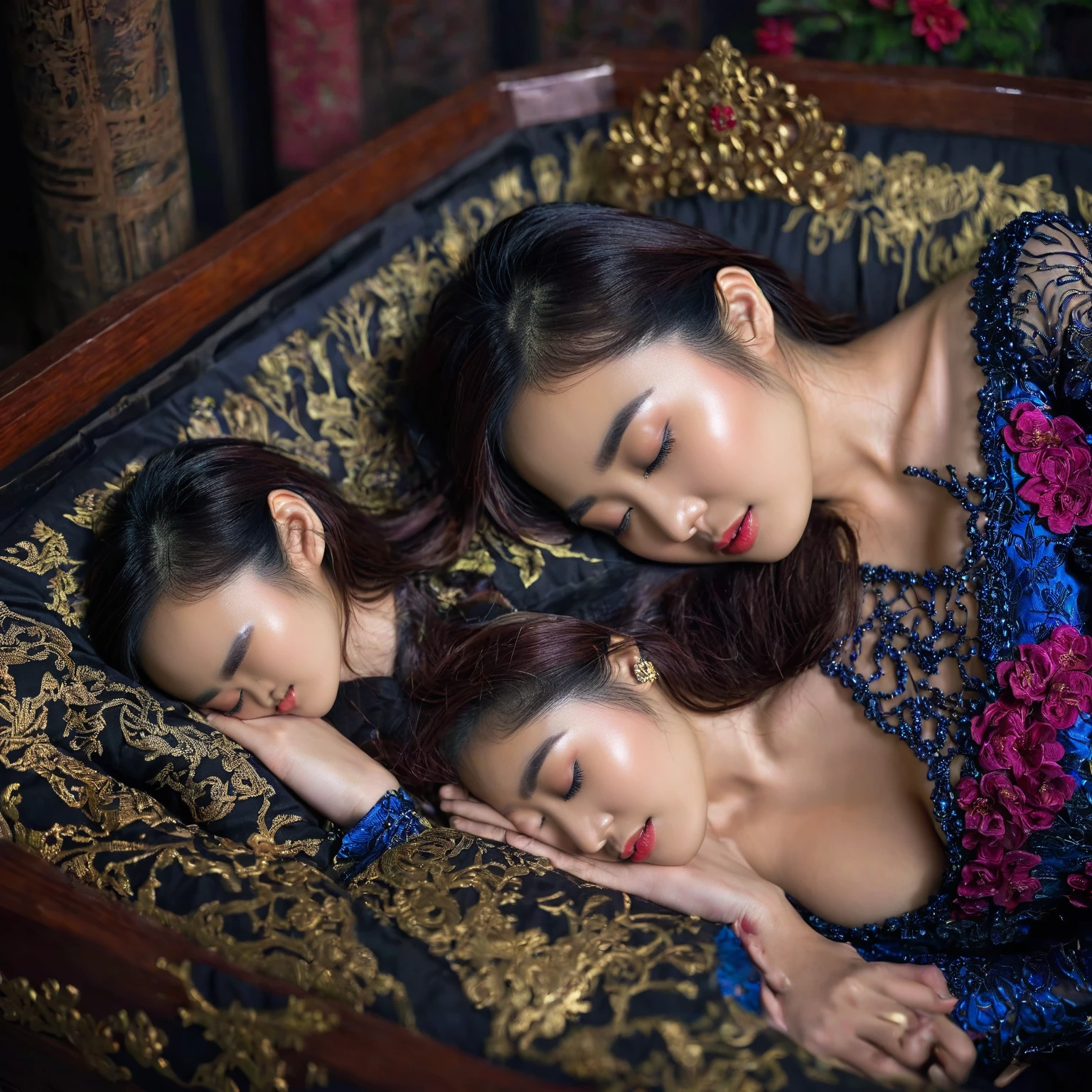 In a striking 8K HDR scene, a stunning Korean woman, 22 years old, lies peacefully in a black coffin surrounded by plush pillows. The deep box is set against a rich black background, accentuating the beauty of the subject. Her exquisite kebaya attire is embroidered with superb detail, showcasing her round and firm breasts, perfect cleavage, and beautiful eyebrows. Her closed eyes and mouth give an air of serenity, while her visible and absolute cleavage leave nothing to imagination. The scene is bathed in saturated colors, highlighting every intricate aspect from the ball skirt to her clean face.