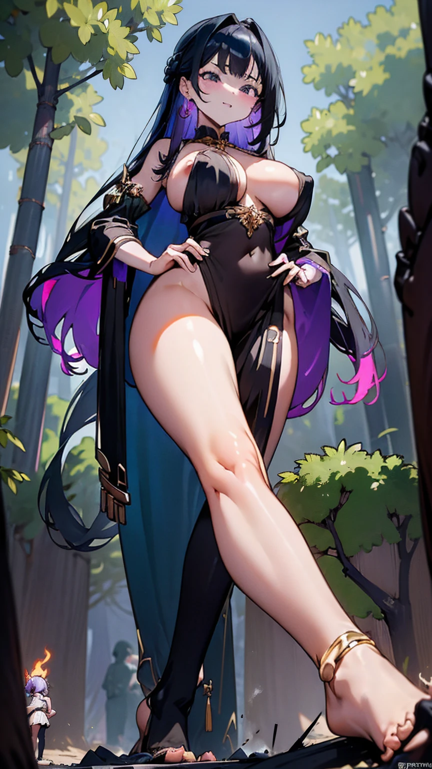A seductive giantess in a flowing sheer gown, with long ebony hair and hypnotic violet eyes, strides through a mystical forest. Her towering form crushes enchanted trees and magical creatures under her bare feet. Tiny humans cling to the roots and branches in fear. She poses seductively, one leg bent and her hand resting on her hip, as she gazes down at them with a look of sensual disdain. Her voice is a sultry whisper, filled with mocking tones, as she picks up a few tiny people to play with. Giantess, Goddess, sexy legs, barefoot, hot, curvy body, mommy issues, tiny people, macrophilia, perspective from below, high quality, almost naked, mature woman, mystical, erotic.