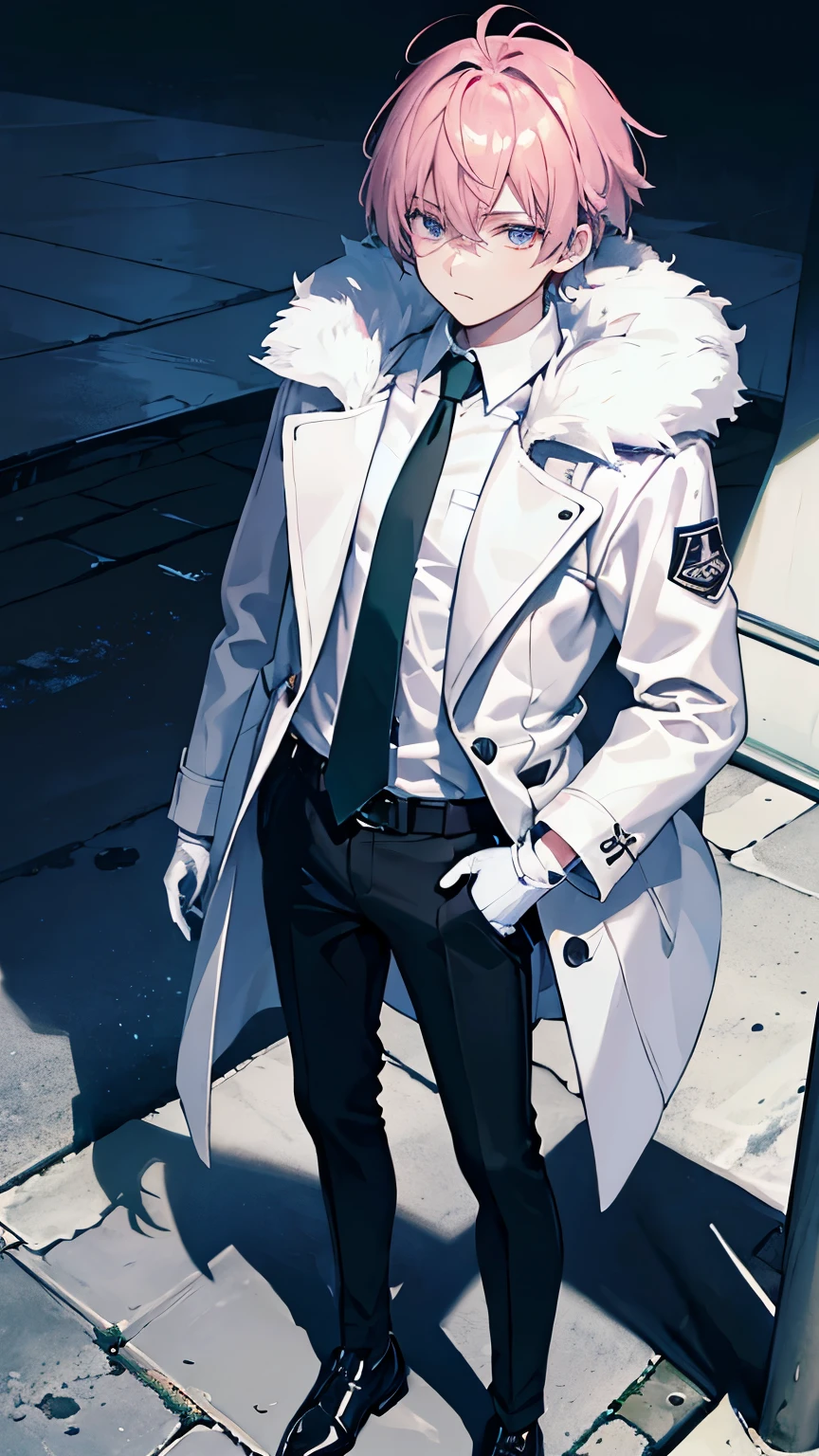 best quality, high quality, (male, a boy:1.2), Jagged tooth, Futuristic atmosphere, Police, near future, above the knee, pink gold hair, Wear a long black coat with fur, Wear long black pants, Wear a business shirt, wear aqua color tie, white gloves, very short hair, expressionless, purple eyes, jitome, underweight, 22 years old, standing, stoop, from above, leather shoes, green background, (headshot:1.0),