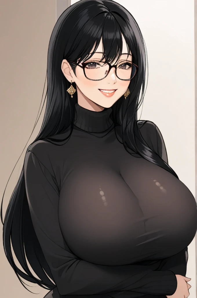 1 milf, long black hair, big breast, wearing a turtleneck, wearing a glasses, smiling, jhumka earrings