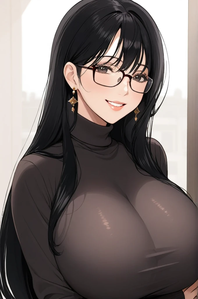 1 milf, long black hair, big breast, wearing a turtleneck, wearing a glasses, smiling, jhumka earrings