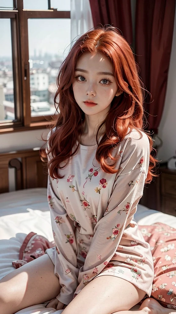There is a woman sitting on a bed wearing a pink floral pajamas, red-haired girl, beautiful red-haired woman, red-haired woman, young red-haired girl, short bright red hair, red hair and attractive features, Anna Nikonova aka Newmilky, red-haired girl, redhead, beautiful woman, posing in bed, red head, with short red hair, posing in a room