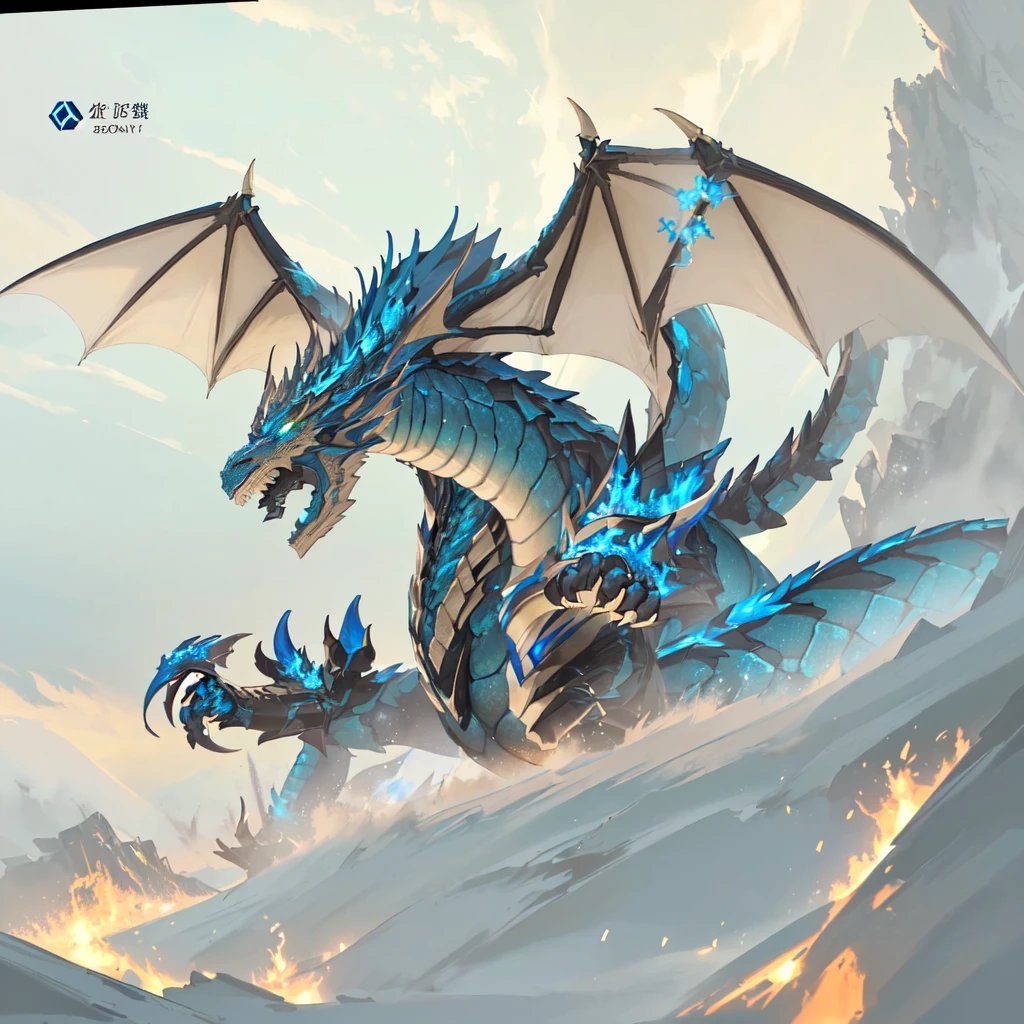 Add glowing effects，The dragon spewed blue flames，Eyes glow，Character combat status，Battle Talk，Fierce Battle，Broken armor all around，broken military flag，Increase green grass，Blue sky and white clouds