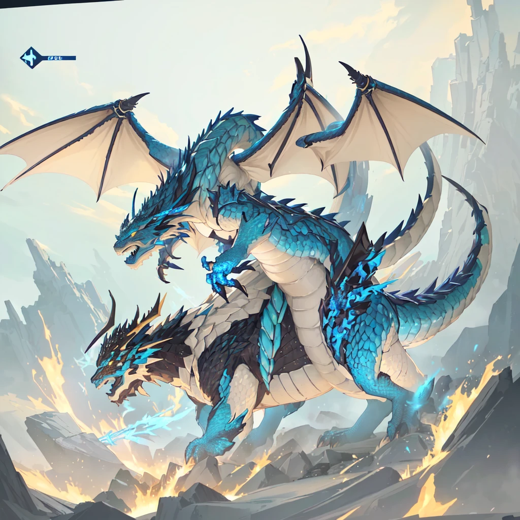 Add glowing effects，The dragon spewed blue flames，Eyes glow，Character combat status，Battle Talk，Fierce Battle，Broken armor all around，broken military flag，Increase green grass，Blue sky and white clouds