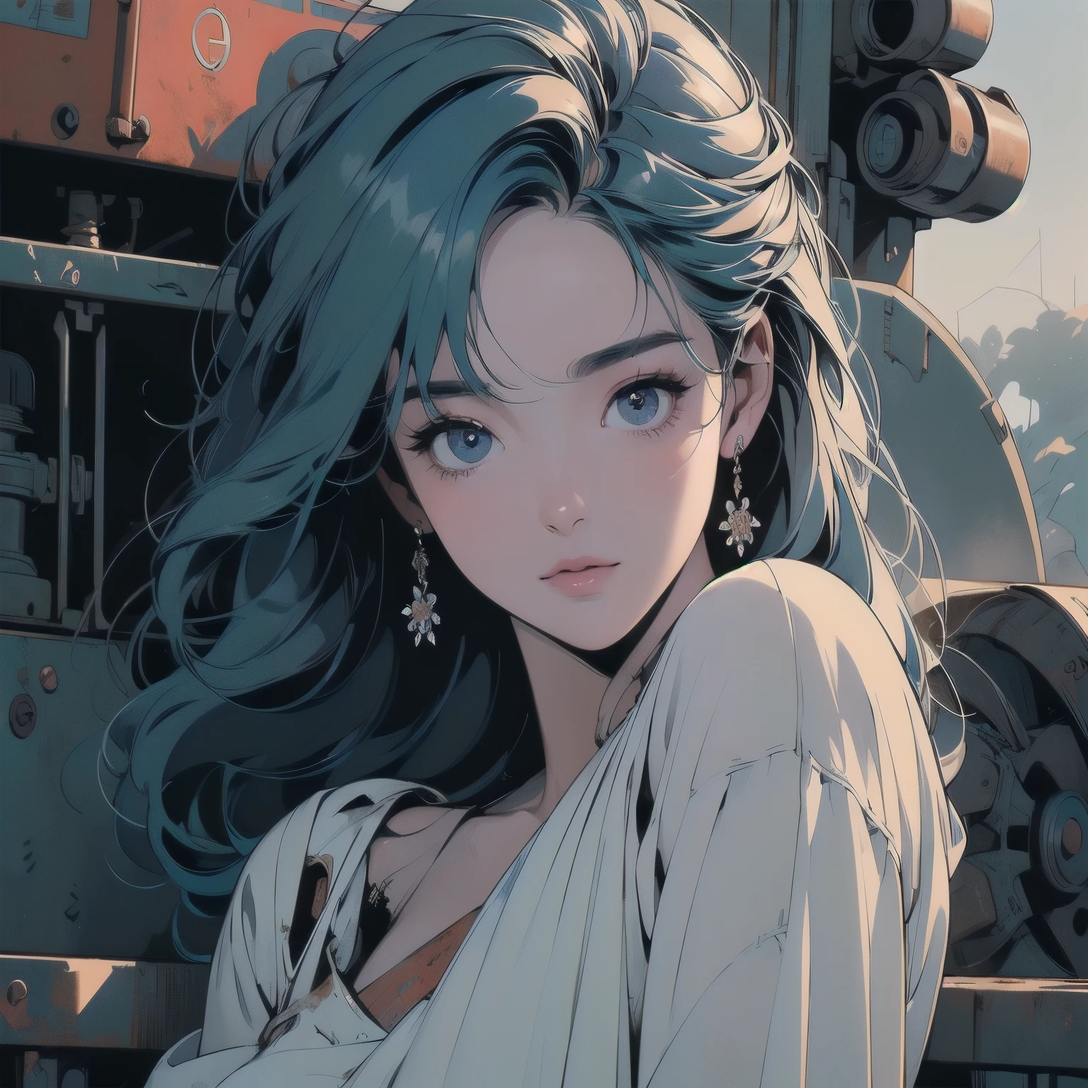 mechanical、Abandoned Factory、Atrium、White Flower Field、(((Rusty heavy equipment)))、(((Perfect Woman)))、Beautiful woman、Woman sitting、mysterious、Pitch Black Night、Blue dark、fog、(((Detailed face)))、Detailed Hair、Flat Chest、White dress、Light blue hair、(((The most beautiful face)))、(((Beauty)))、The wind is blowing、Flying petals