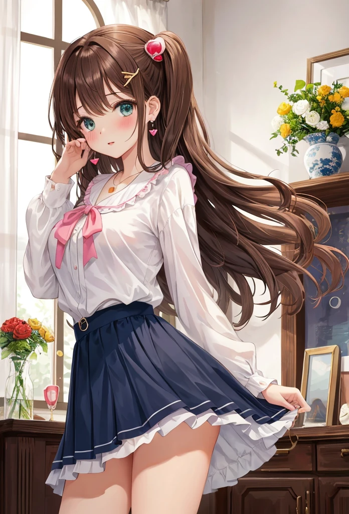 1 beautiful girl of 20 years old, anime girl, in the room, home interior, brown hair, bangs, hair over shoulder, long hair, messy hair, wavy hair, hair one side up, bangs pinned back, hair scarf, hair ornament, hairclip, heart hair ornament, raised eyebrows, aqua eyes, wide eyes, heart earrings, blush, bright pupils, puckered lips, confused, pensive, a finger on her lips, jewelry, glossy lips, necklace, pink blouse, small blouse, long sleeves, navy blue skirt, short skirt with ruffles, yellow panties, panties with lace, exposed panties, big and round breasts, thin waist, shapely thighs, open legs, wallpaper, detailed eyes, extra detailed face, Highly detailed CG, she leans forward, skirt lift, (upskirt:1.3), from below, from side, pov, illustration, high detail, anime, Art Deco, glowing light, dithering, image fill, framed, perspective, Wide-Angle, f/1.8, 85mm, 135mm, Sony FE, 8k, super detail, UHD, retina, masterpiece, accurate, anatomically correct, high quality, best quality, highres