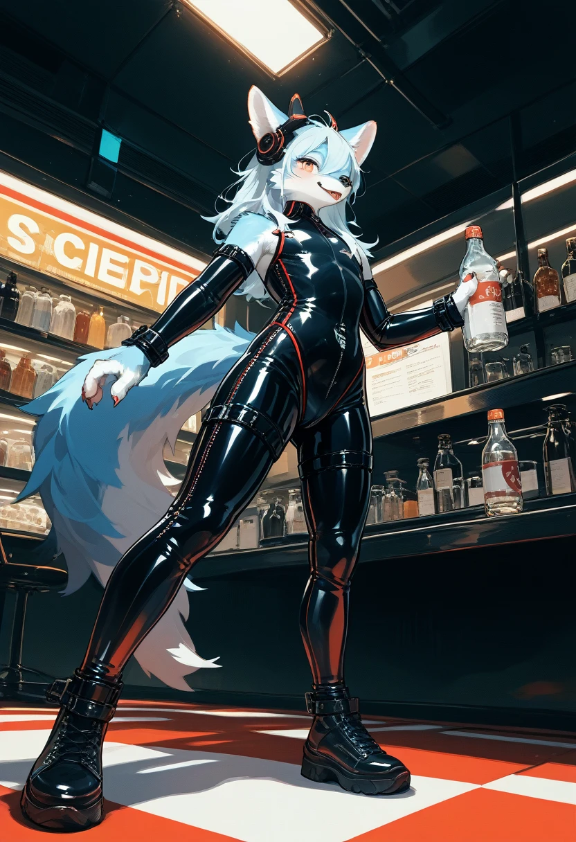 no clothes, female, black white sergal, small breasts, robotic robot, shiny, thin body, curving thighs, perfect anatomy, pole dancing, metallic, android, shiny, red, glowing eyes, legs spread, holding dance pole, mouth open, tongue hanging out, lewd, science fiction, cantina, bar, high quality, masterpiece,