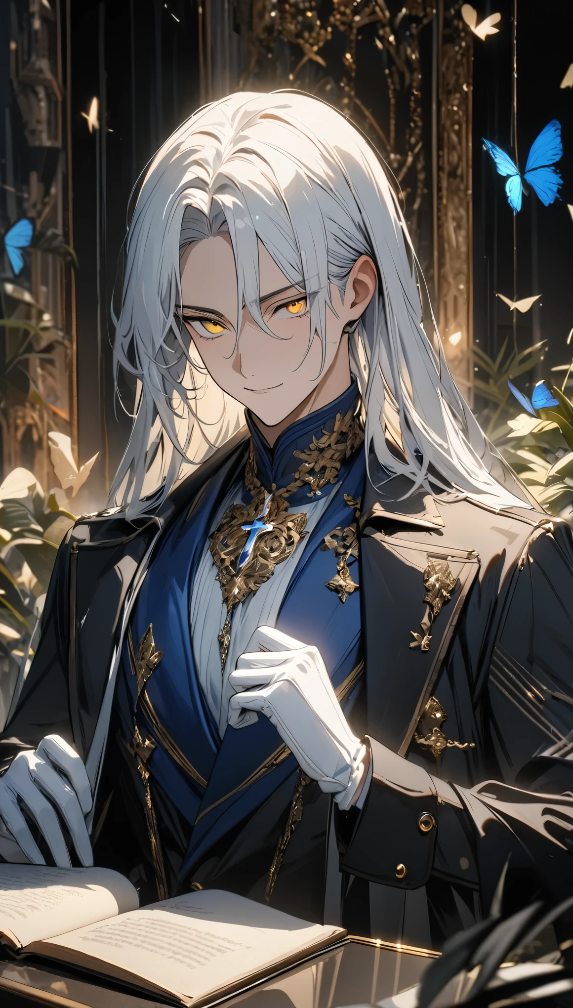 (masterpiece:1.5),best quality,(1 Handsome man),alone,white long length hair,(yellow eyes), (A soft smile),elegant,perfect face,Long black trench coat,white and blue cloth,white leather gloves,white lining,Slightly muscular body,High,8K,Beautiful contrast of light and shadow,Dark luxury background,(complete upper body),Positive face,luxury screen,(Luxurious castle hall),Living room,book,plant,((many butterflies)),Museum,many flowers,(cross jewelry)