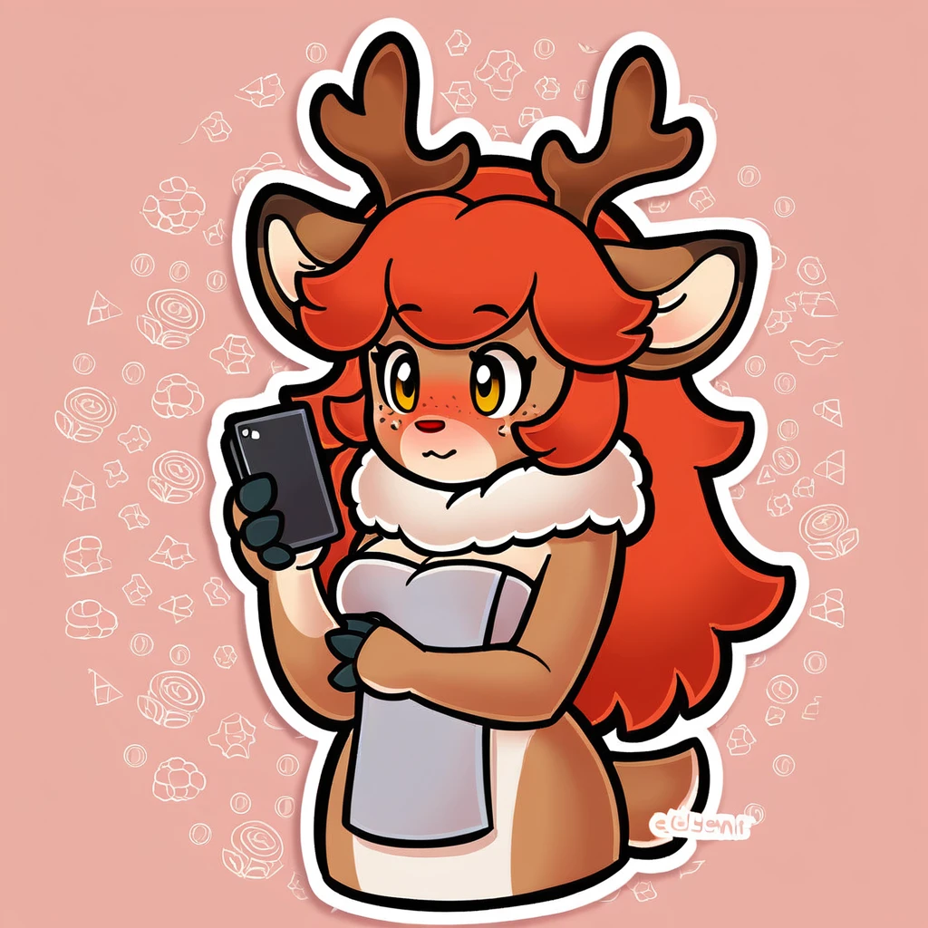 Score_9_presence, score_8_up, 1girl, breasts, blush, furry, furry female, cute, red hair, horns, freckles, antlers, fur trim, fur collar, small breasts, cleavage, deer ears, body fur, animal ears, reindeer antlers, yellow eyes, wrapped in towel,  holding phone, long hair,