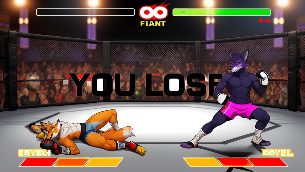 a detailed picture of a boxing match (male anthros, two boy), slim body, slim features, in a boxing ring, Ross Tran, ruan jia, trending on artstation, foxovh,User Interface of Fighting game, Crisis, assorted poses, assorted expression, full body, sound effects, motion blur, from side, ((fox, blue shorts, knocked out on the floor)), (((purple wolf, white shorts, boxing pose))) “VS” 