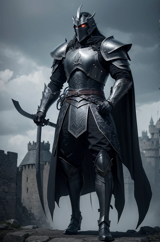 Cavaleiro Stately e armado com uma espada, very detailed and black armor, Stately, strong and with 2,30 tall, walking, giving the feeling of terror to your enemies. Behind him, a Game of Thrones-style dragon coiled around a Machiavellian castle. Dark and gloomy day, passing the feeling of fear.