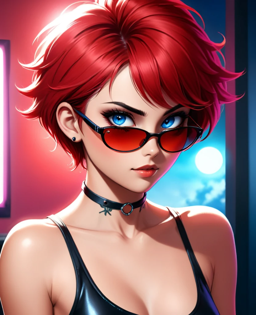 (In style of the 80s and 90s). anime female character, short colored hair, blue eye color, wearing sunglasses, black tattoo on neck , in the hack room, digital painting "lighting": "dramatic red moonlight, deep shadows", "resolution": "8K, ultra-detailed"
