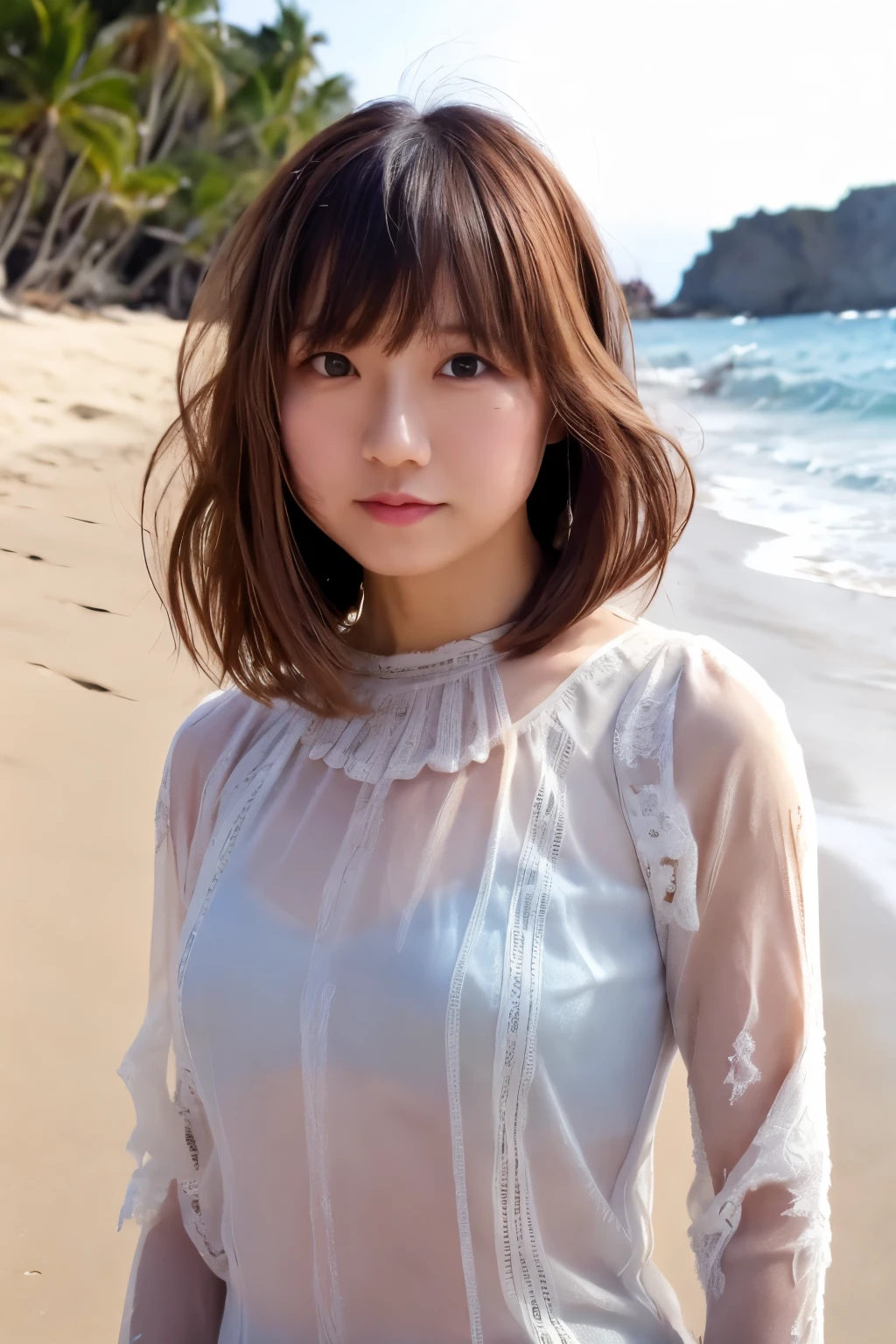 Top quality, realistic, perfect human body structure, very detailed, very delicate and beautiful, RAW photography, beach, professional lighting, luminescence, depth of field, single focal, full body, Skinny Japanese lady, 30 year old lady, brown hair, small head, beautiful eyes, real face, realistic skin, detailed eyes, (fashionable hairstyle: 1.3), sexy pose, absurderes, Incredibly Ridiculous res, Extremely fine, Blouse