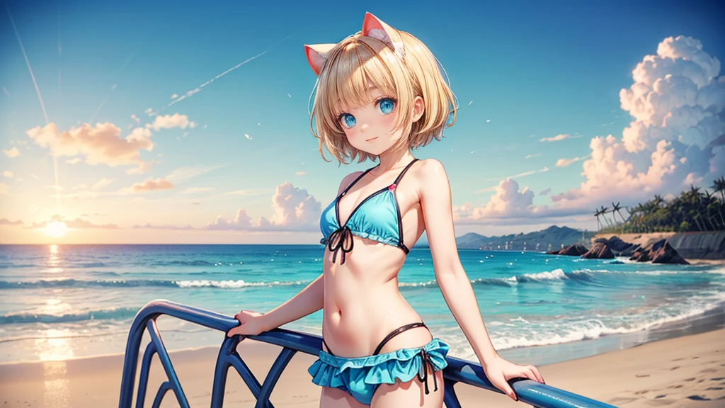 Turquoise Eyes、Cat ear、Absurd, Ultra-detailed,Bright colors,(solo),(From the side:1.2),(View your viewers:1.5) (Short blonde hair:1.2),Shiny Hair,(ピンクのSwimwear:1.5),Denim shorts,Delicate and beautiful face, blush、(Deep blue eyes:1.4), White skin, (A wistful smile:1.3),Beautiful Clouds,(Standing on the beach, looking to the side with a sad expression:1.3),look at the sea and sunset,At sunset,Waves crashing on the beach,sunlight,Light on the face、Cat ear、Belly button、Turquoise Eyes、Swimwear