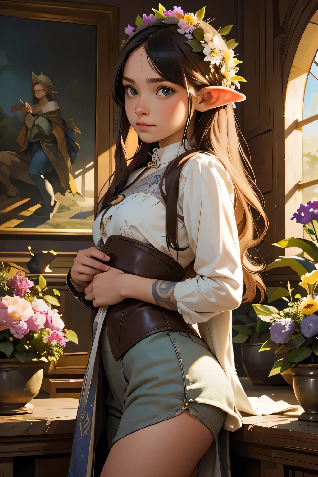 (((Jean-Baptiste Monge style:1.0))) beautiful and amazing masterpiece knight girl,Elf female , com asas nas costas,sitting on a throne of flowers,flower palace scenery,water colour, sharp focus, studio photo, details Intricate, highy detailed, dark threatening