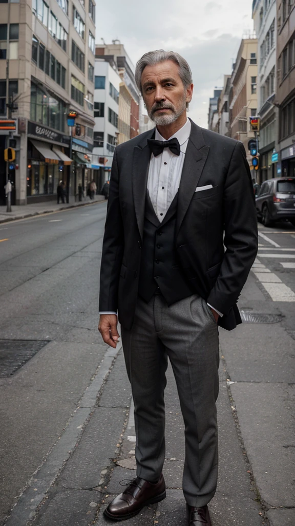 Man 40 years old standing in center of street, grey hair, wearing tuxedo,