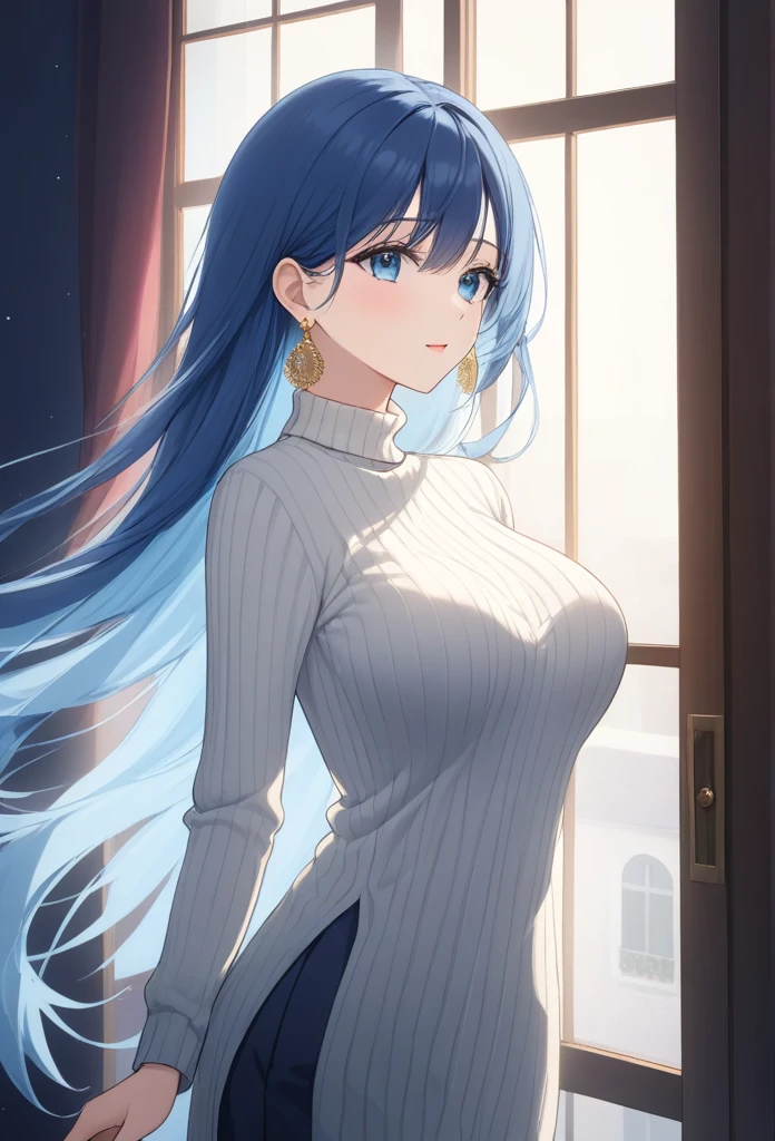 (masterpiece, best quality:1.2), 1girl, solo,mature_lady, delicate face,detail eyes,long hair, floating hair, average breasts, floating clothes,,White Turtleneck knitted sweater,beside window, indian jhumka earrings , detailed eyes,blue eyes,full body view,