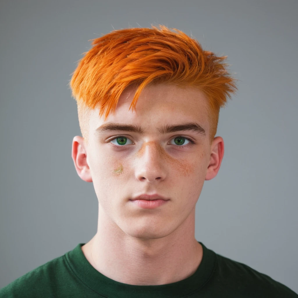 Handsome Scottish guy, orange hair, green eyes, short hair, buzzcut hair, 17 years old student, eye patch
